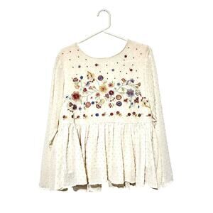 Skylar & Jade Embroidered Blouse Cream Flowy Dotted Open Back Floral Boho
